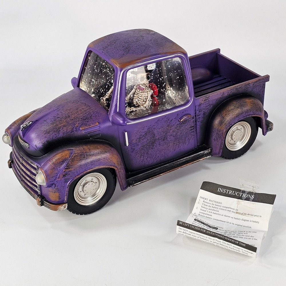 Halloween Light Up Skeleton Glitter Snow Globe Purple Pickup Truck Decoration